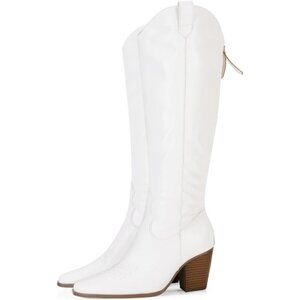 Women White Cowboy Knee High Boots Chunky Block Heel Square Toe Tall Riding Boot